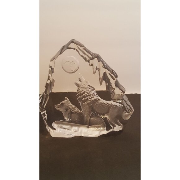 Crystal Etched Howling Wolves Sculpture Paperweight Clear 6.5 X 6.5 - Picture 4 of 8
